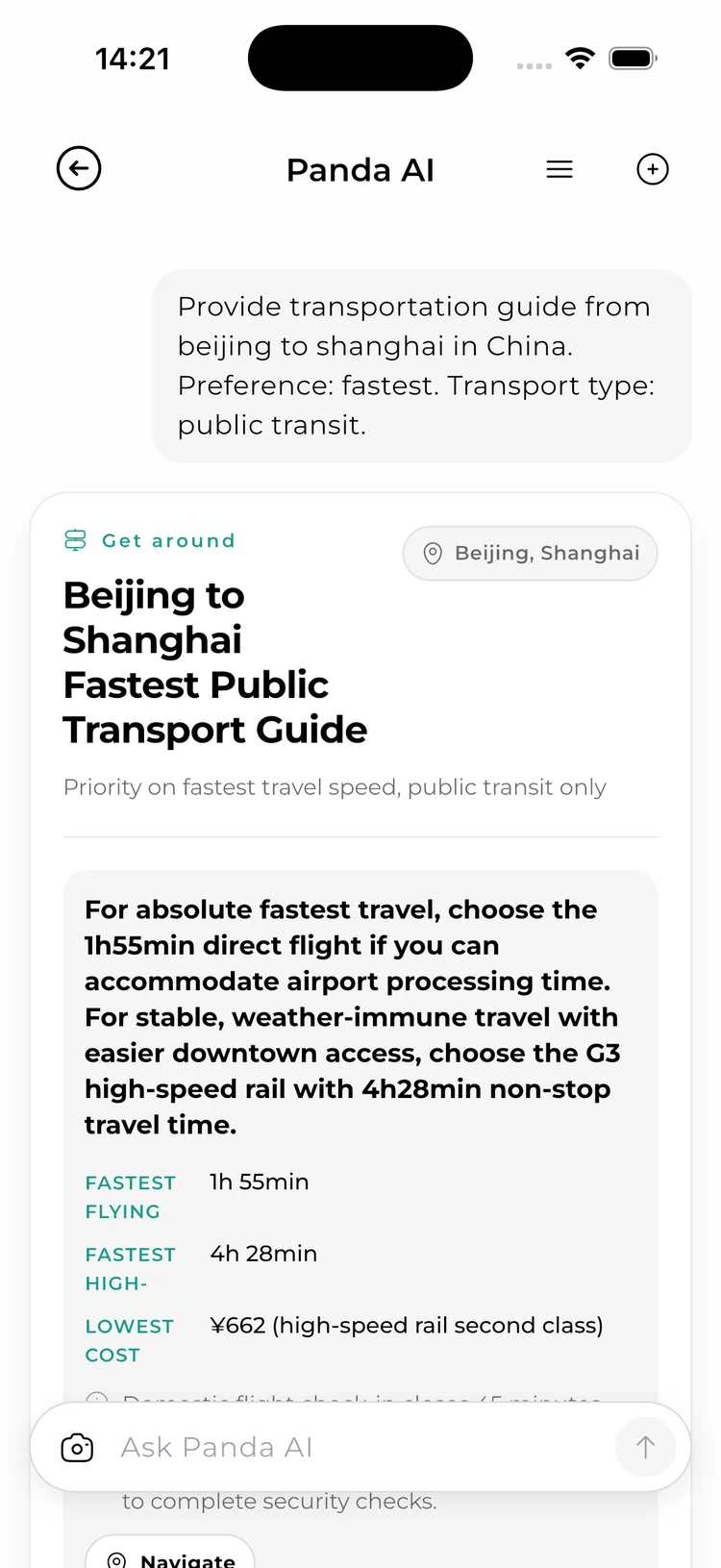 Panda AI comparing the fastest Beijing to Shanghai transport options