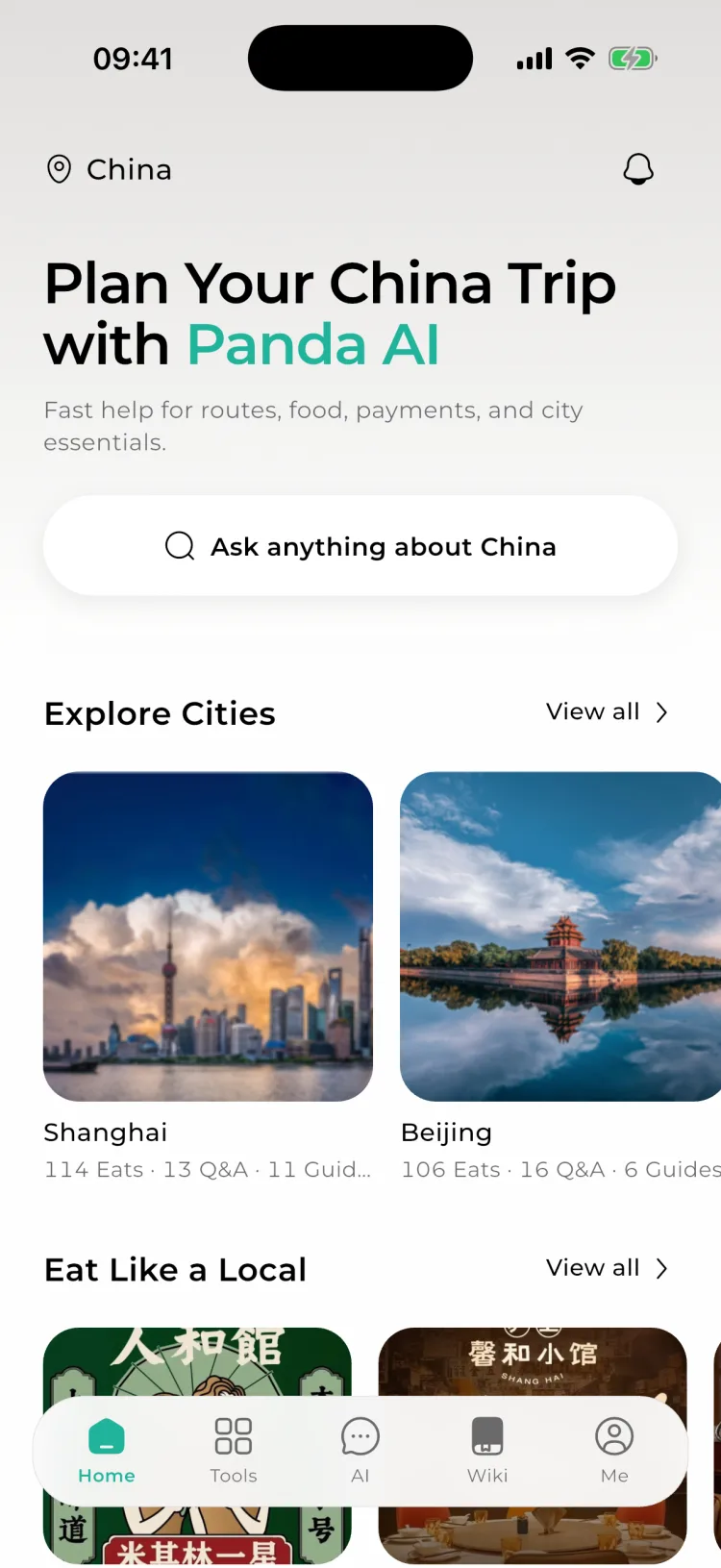 The MyChinaGuide app home screen with city guides and local restaurants