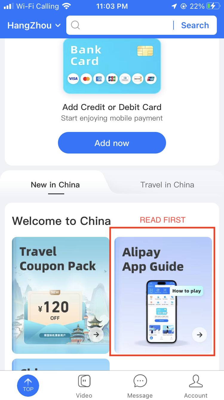 Alipay home screen: Scan and Pay/Collect are the two buttons you will use daily