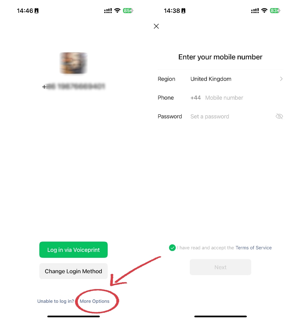 Tap More Options > Sign Up to register with your phone number