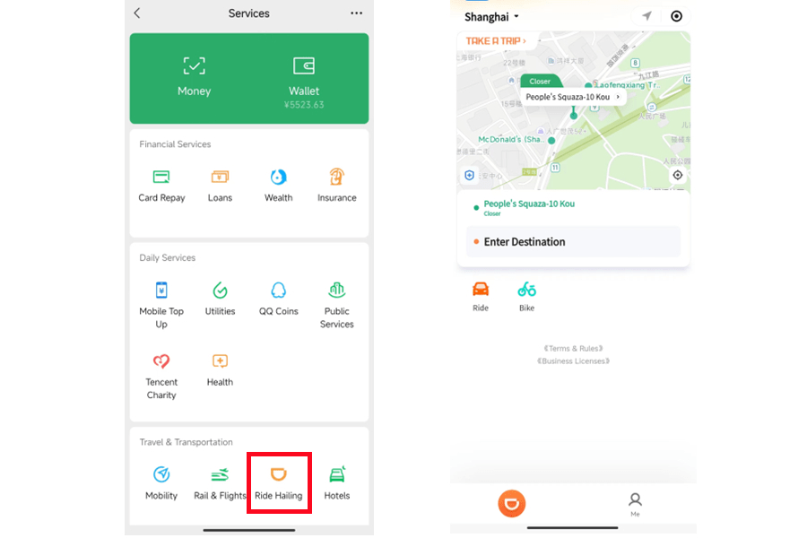Book DiDi rides from Services > Ride Hailing